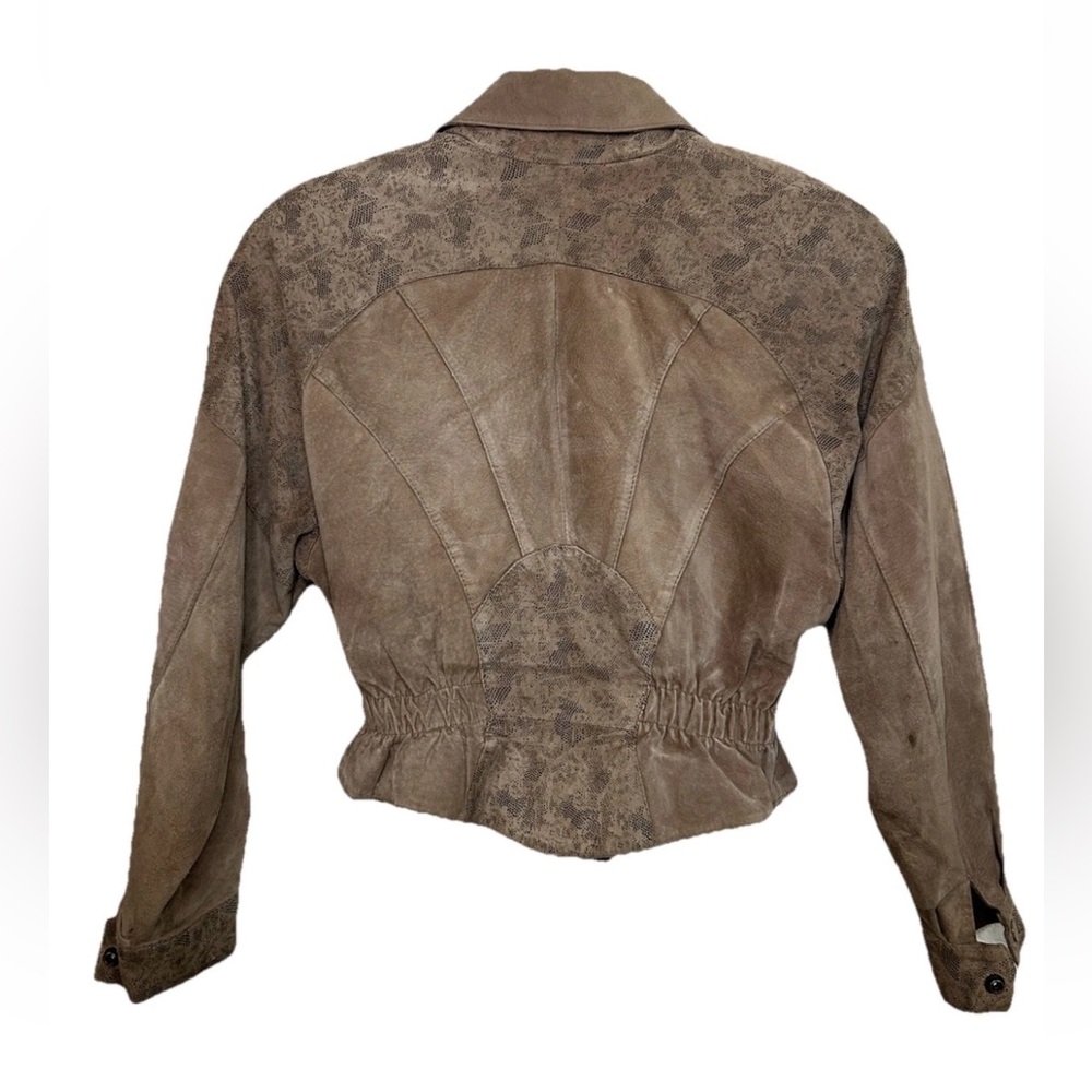 Vintage 90’s CHIA Cropped Brown Suede Leather Jacket Snake Print Panel Korea XS - Picture 3 of 16